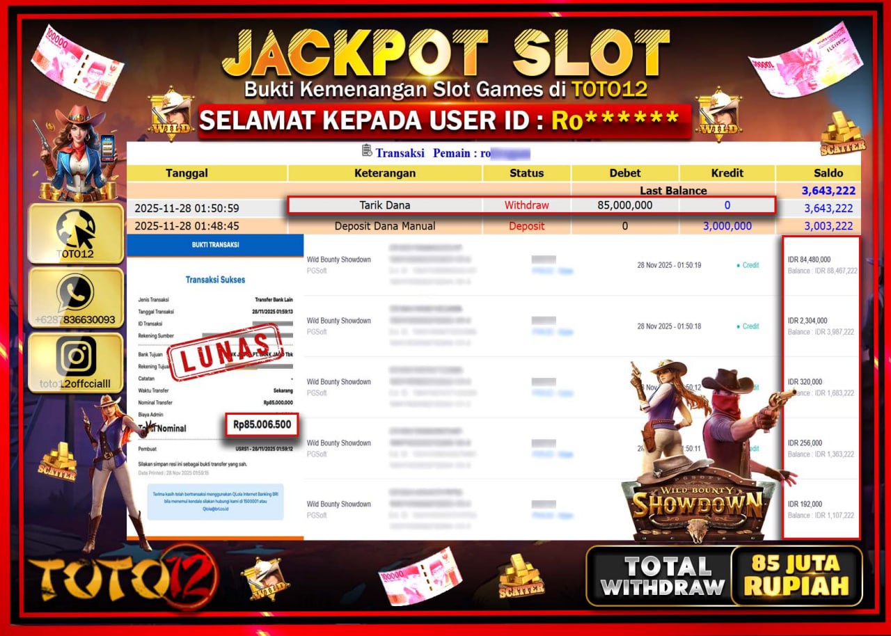 HANYA DI TOTO12 JP PASTI DI BAYAR LUNAS DAN CEPAT!!!!!! JACKPOT SLOT GAME (WILD BOUNTY SHOWDOWN) Rp.85.000.000 !!!!