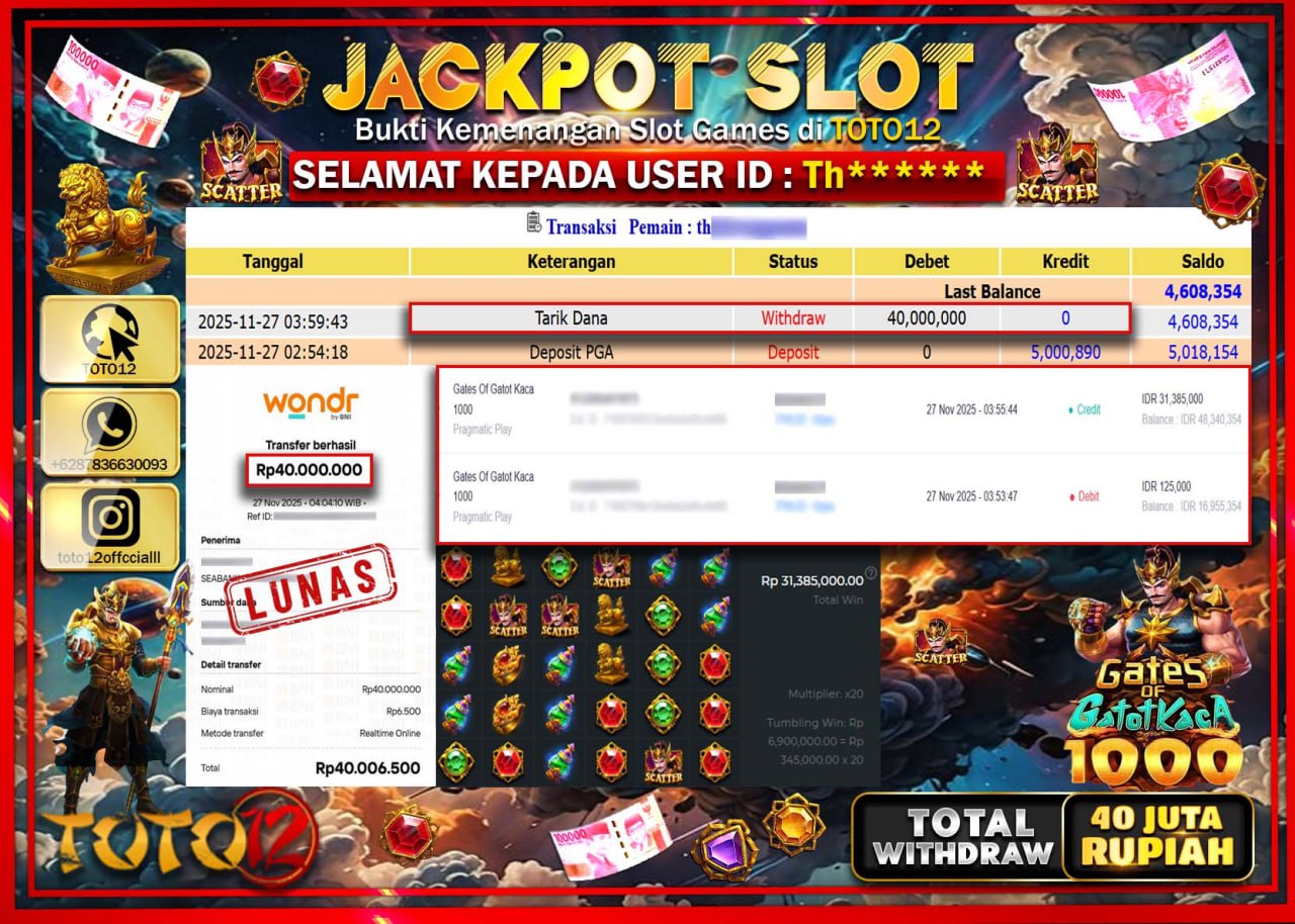 HANYA DI TOTO12 JP PASTI DI BAYAR LUNAS DAN CEPAT!!!!!! JACKPOT SLOT GAME (GATES OF GATOT KACA 1000) Rp.40.000.000 !!!!