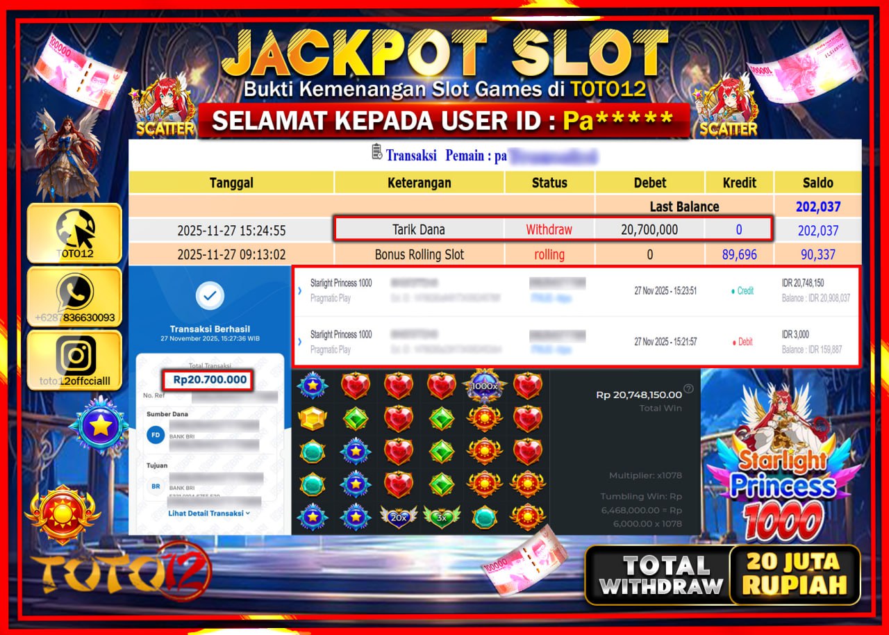 HANYA DI TOTO12 JP PASTI DI BAYAR LUNAS DAN CEPAT!!!!!! JACKPOT SLOT GAME (STARLIGHT PRINCESS 1000) Rp.20.700.000 !!!!