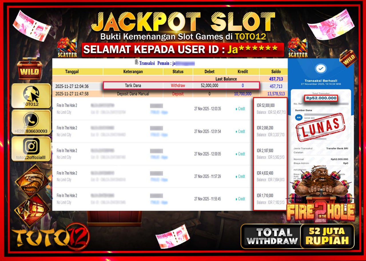 HANYA DI TOTO12 JP PASTI DI BAYAR LUNAS DAN CEPAT!!!!!! JACKPOT SLOT GAME (FIRE IN THE HOLE 2) Rp.52.000.000 !!!!