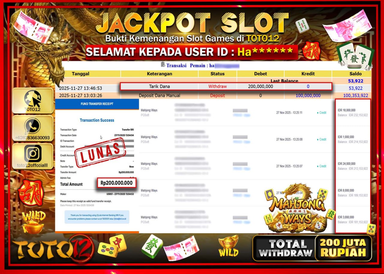 HANYA DI TOTO12 JP PASTI DI BAYAR LUNAS DAN CEPAT!!!!!! JACKPOT SLOT GAME (MAHJONG WAYS) Rp.200.000.000 !!!!