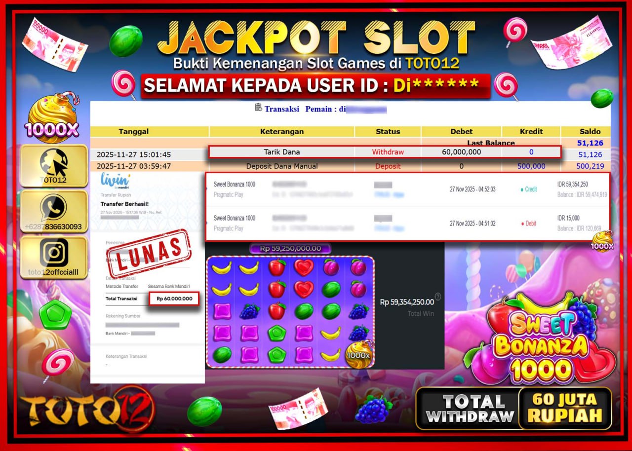 HANYA DI TOTO12 JP PASTI DI BAYAR LUNAS DAN CEPAT!!!!!! JACKPOT SLOT GAME (SWEET BONANZA 1000) Rp.60.000.000 !!!!
