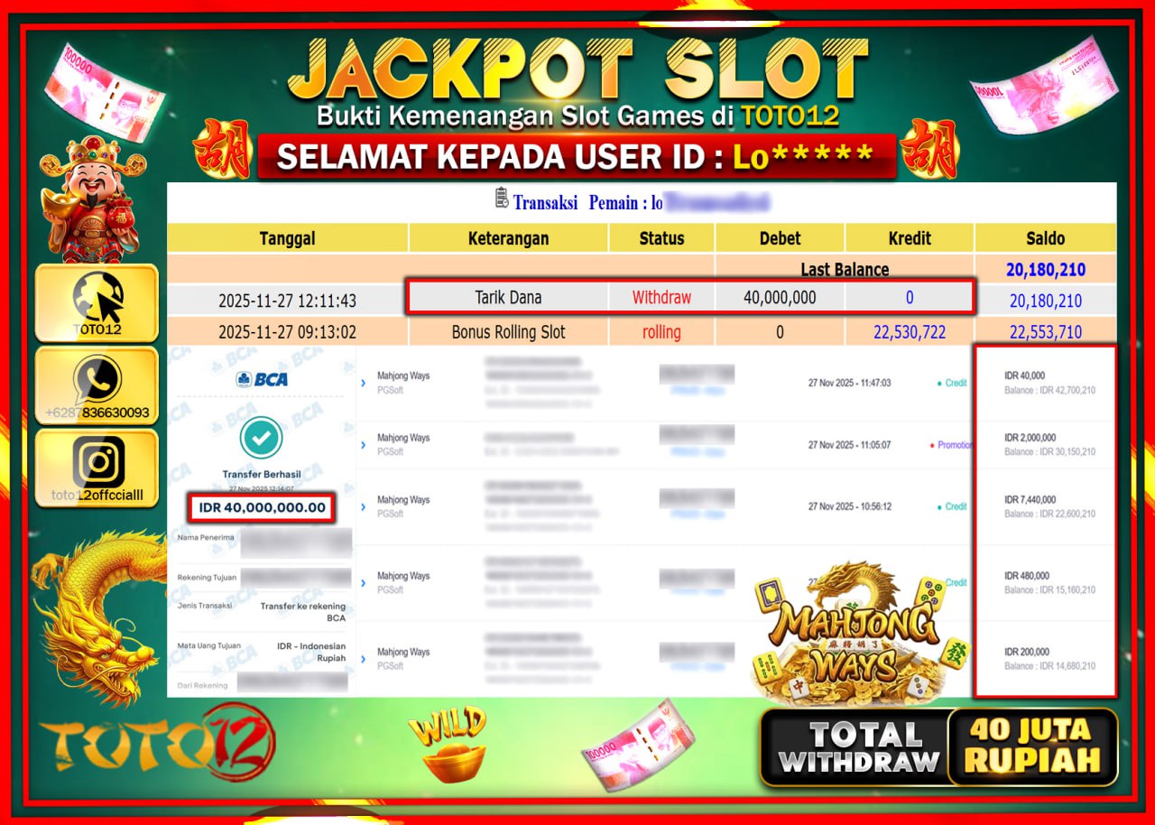HANYA DI TOTO12 JP PASTI DI BAYAR LUNAS DAN CEPAT!!!!!! JACKPOT SLOT GAME (MAHJONG WAYS) Rp.40.000.000 !!!!