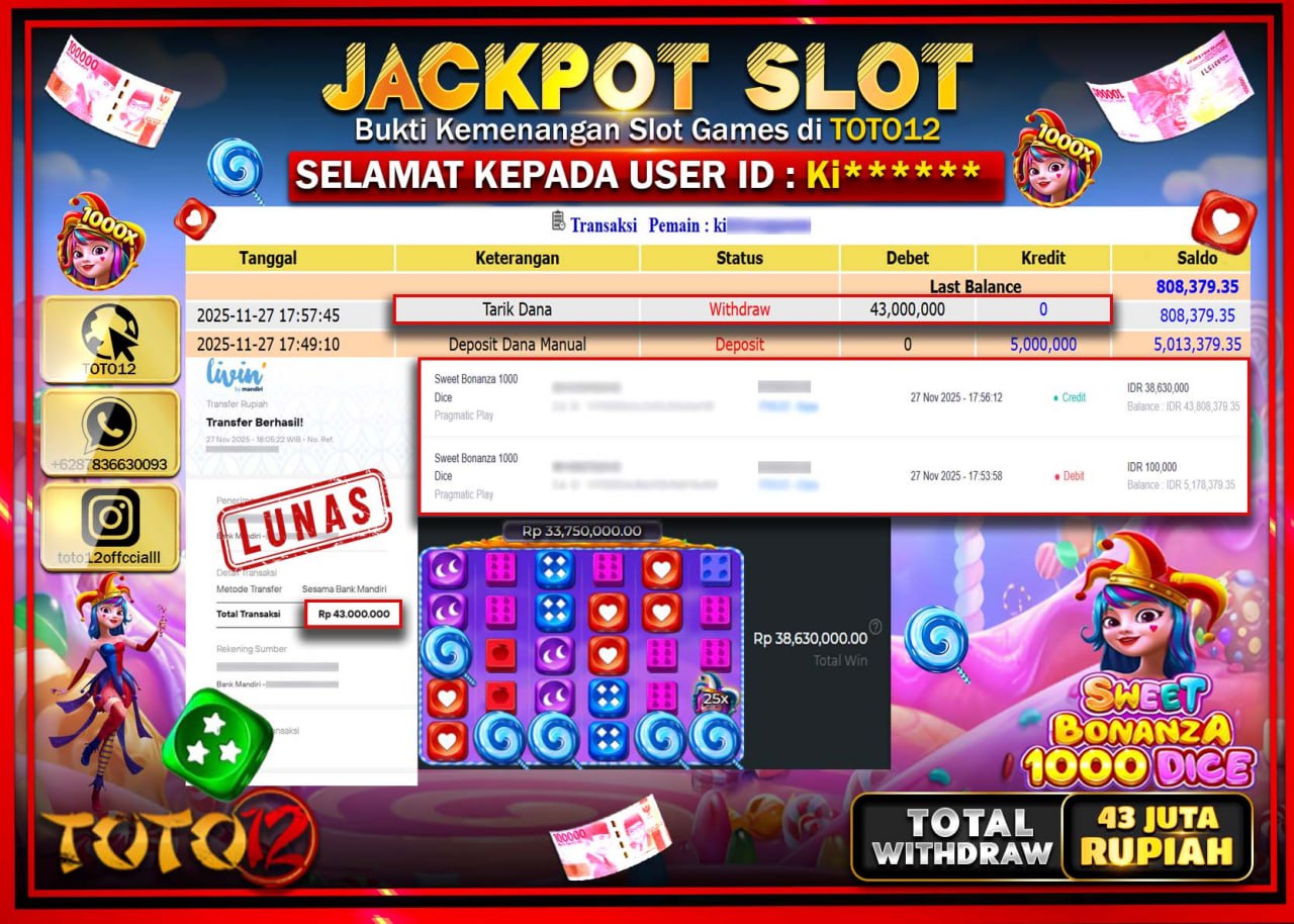 HANYA DI TOTO12 JP PASTI DI BAYAR LUNAS DAN CEPAT!!!!!! JACKPOT SLOT GAME (SWEET BONANZA 1000 DICE) Rp.43.000.000 !!!!