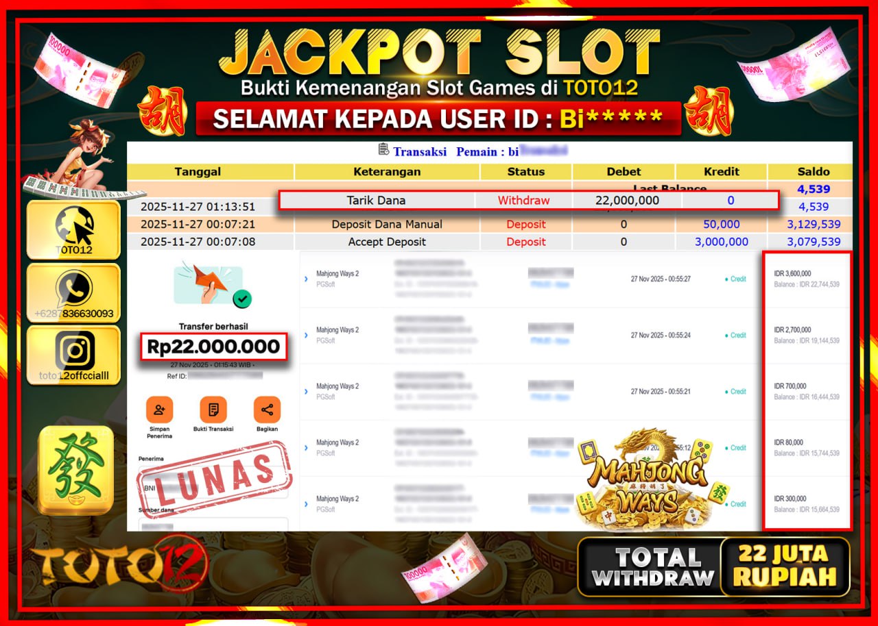 HANYA DI TOTO12 JP PASTI DI BAYAR LUNAS DAN CEPAT!!!!!! JACKPOT SLOT GAME (MAHJONG WAYS) Rp.22.000.000 !!!!