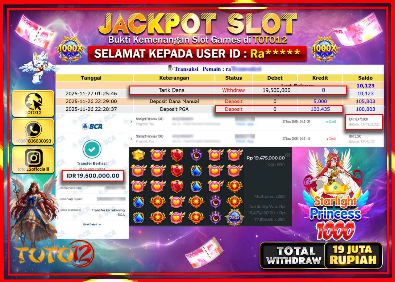 HANYA DI TOTO12 JP PASTI DI BAYAR LUNAS DAN CEPAT!!!!!! JACKPOT SLOT GAME (STARLIGHT PRINCESS 1000) Rp.19.500.000 !!!!