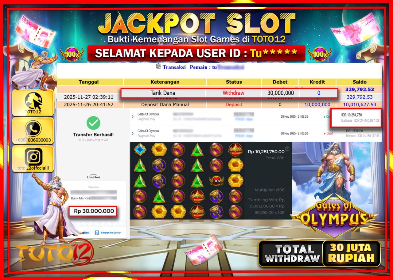 HANYA DI TOTO12 JP PASTI DI BAYAR LUNAS DAN CEPAT!!!!!! JACKPOT SLOT GAME (GATES OF OLYMPUS) Rp.30.000.000 !!!!
