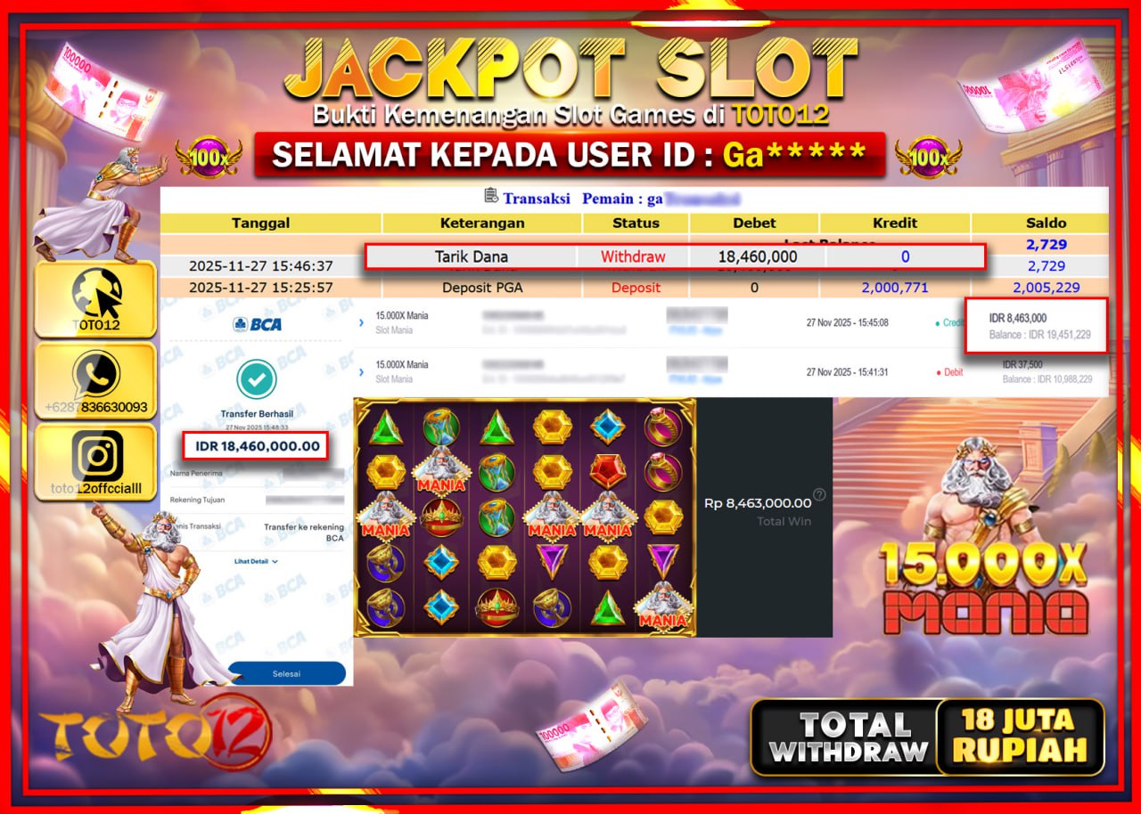 HANYA DI TOTO12 JP PASTI DI BAYAR LUNAS DAN CEPAT!!!!!! JACKPOT SLOT GAME (15000X MANIA) Rp.18.460.000 !!!!