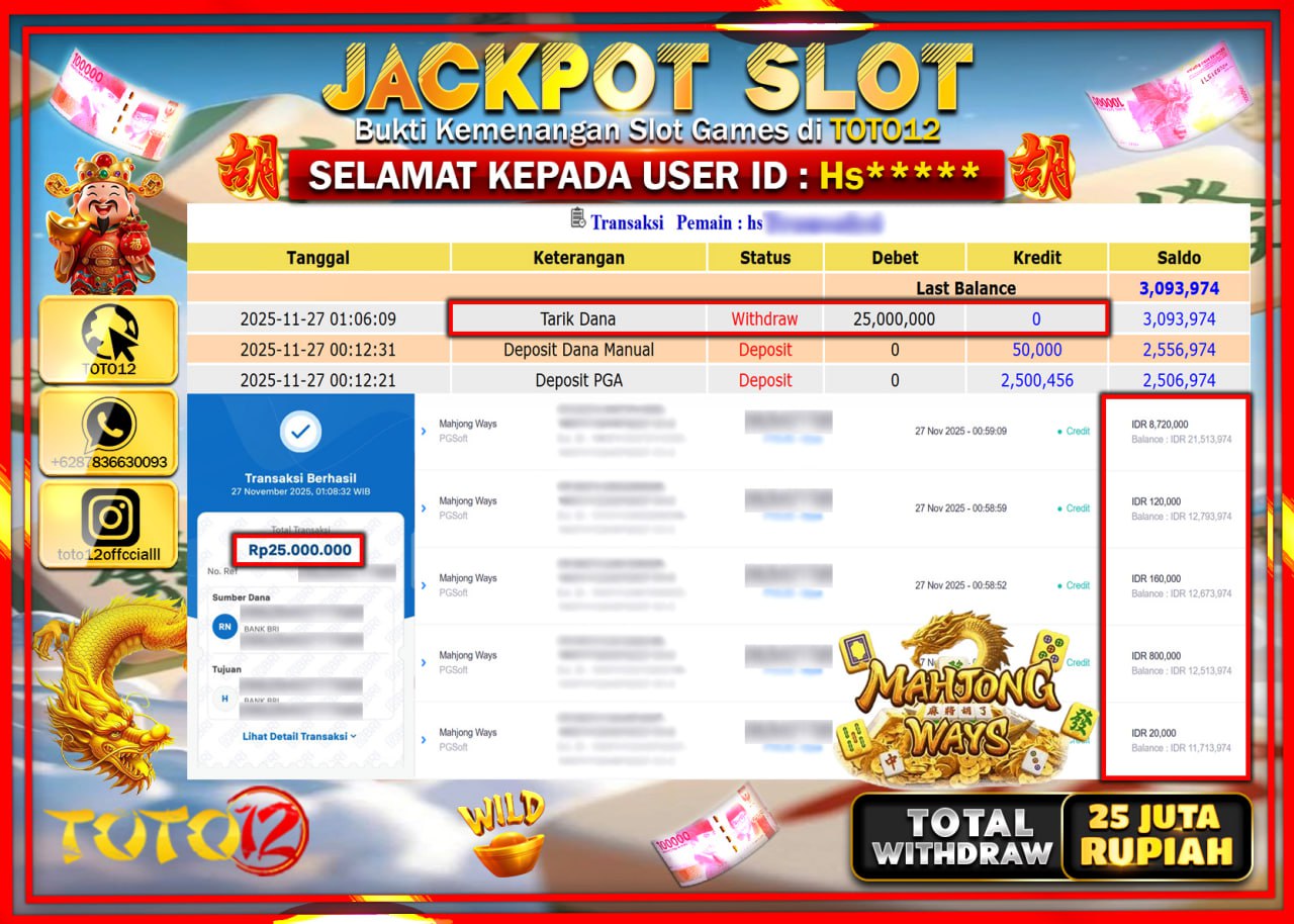 HANYA DI TOTO12 JP PASTI DI BAYAR LUNAS DAN CEPAT!!!!!! JACKPOT SLOT GAME (MAHJONG WAYS) Rp.25.000.000 !!!!