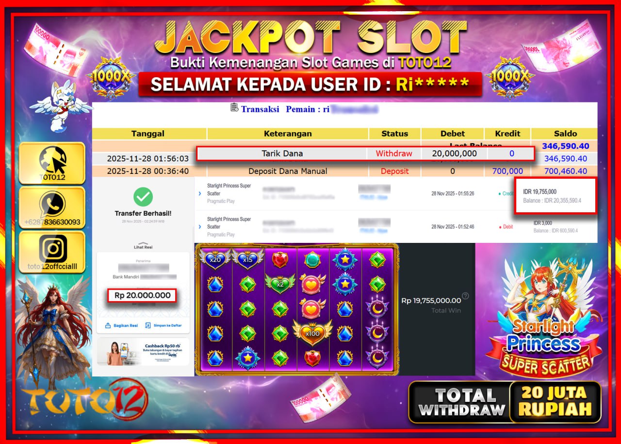 HANYA DI TOTO12 JP PASTI DI BAYAR LUNAS DAN CEPAT!!!!!! JACKPOT SLOT GAME (STARLIGHT PRINCESS SUPER SCATTER) Rp.20.000.000 !!!!