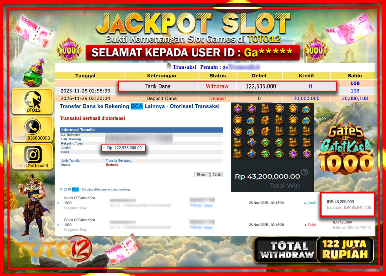 HANYA DI TOTO12 JP PASTI DI BAYAR LUNAS DAN CEPAT!!!!!! JACKPOT SLOT GAME (GATES OF GATOT KACA 1000) Rp.122.535.000 !!!!