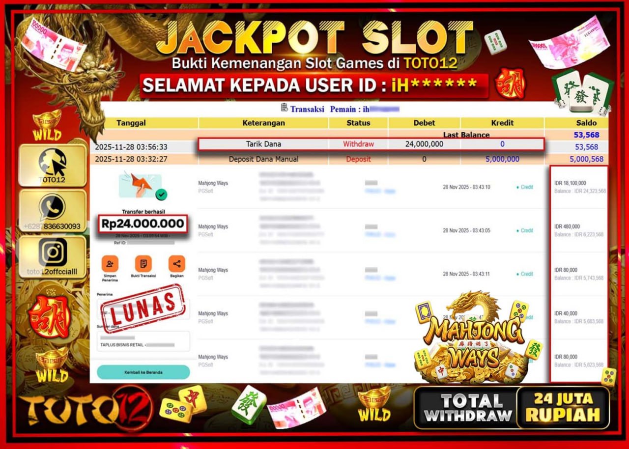 HANYA DI TOTO12 JP PASTI DI BAYAR LUNAS DAN CEPAT!!!!!! JACKPOT SLOT GAME (MAHJONG WAYS) Rp.24.000.000 !!!!