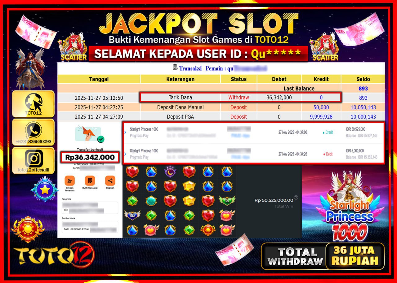 HANYA DI TOTO12 JP PASTI DI BAYAR LUNAS DAN CEPAT!!!!!! JACKPOT SLOT GAME (STARLIGHT PRINCESS 1000) Rp.36.342.000 !!!!