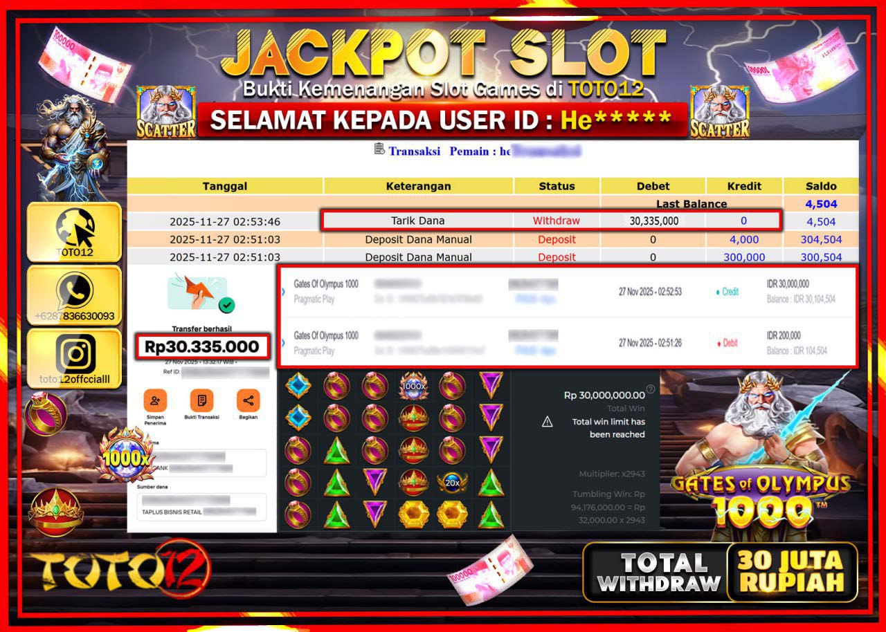 HANYA DI TOTO12 JP PASTI DI BAYAR LUNAS DAN CEPAT!!!!!! JACKPOT SLOT GAME (GATES OF OLYMPUS 1000) Rp.30.335.000 !!!!
