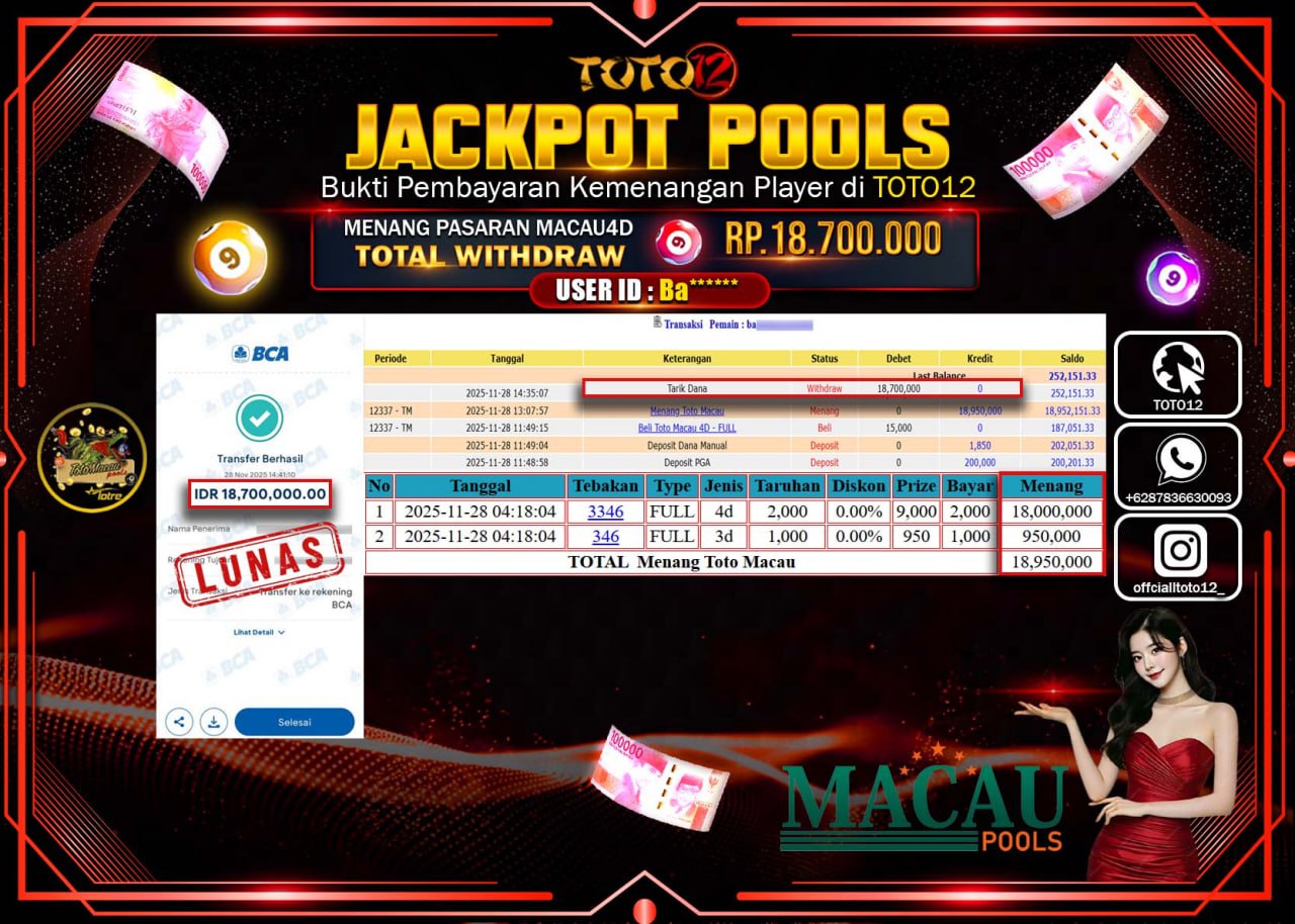 HANYA DI TOTO12 JP PASTI DI BAYAR LUNAS DAN CEPAT!!!!!! JACKPOT POOLS PASARAN (MACAU 4D) Rp.18.700.000 !!!!