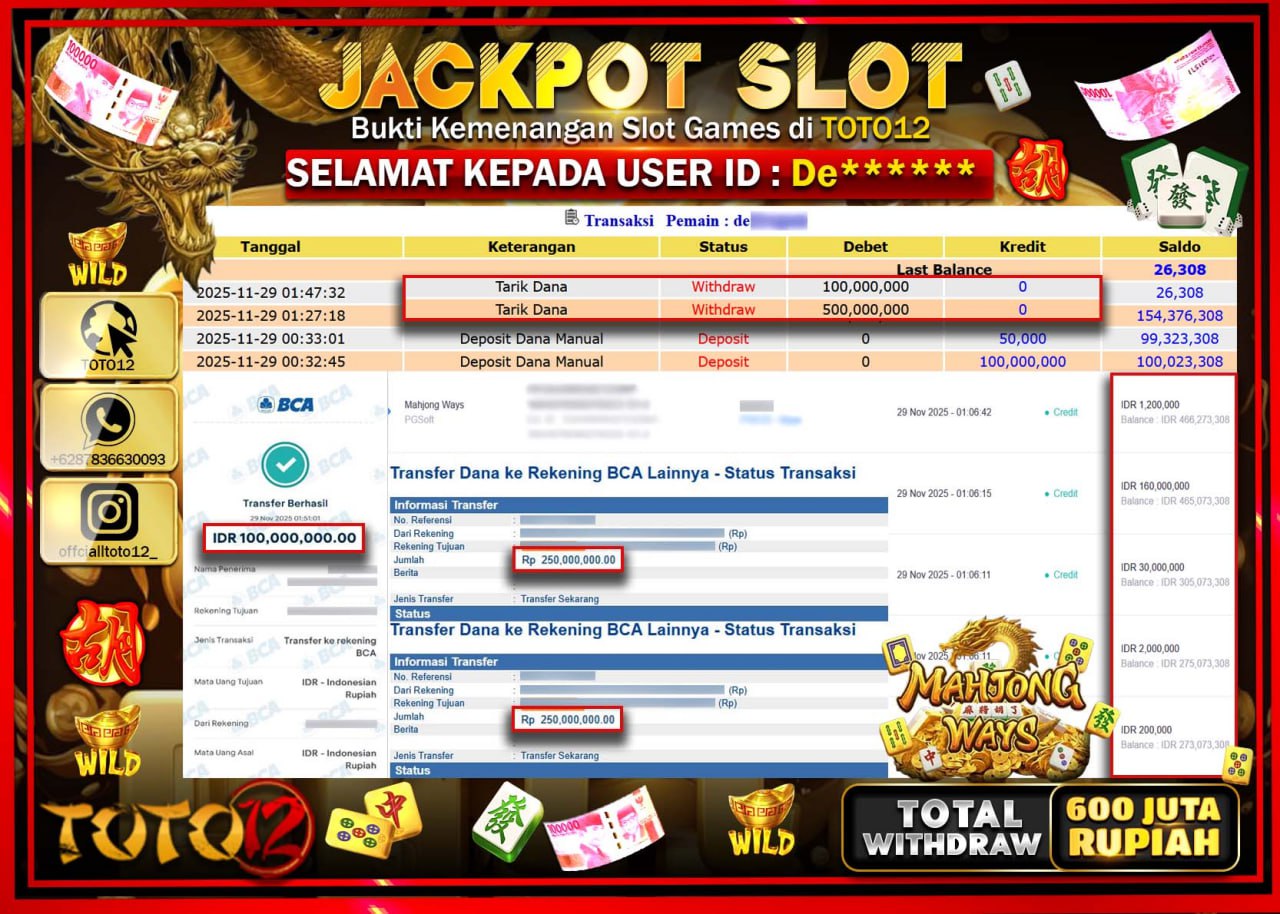 HANYA DI TOTO12 JP PASTI DI BAYAR LUNAS DAN CEPAT!!!!!! JACKPOT SLOT GAME (MAHJONG WAYS) Rp.600.000.000 !!!!
