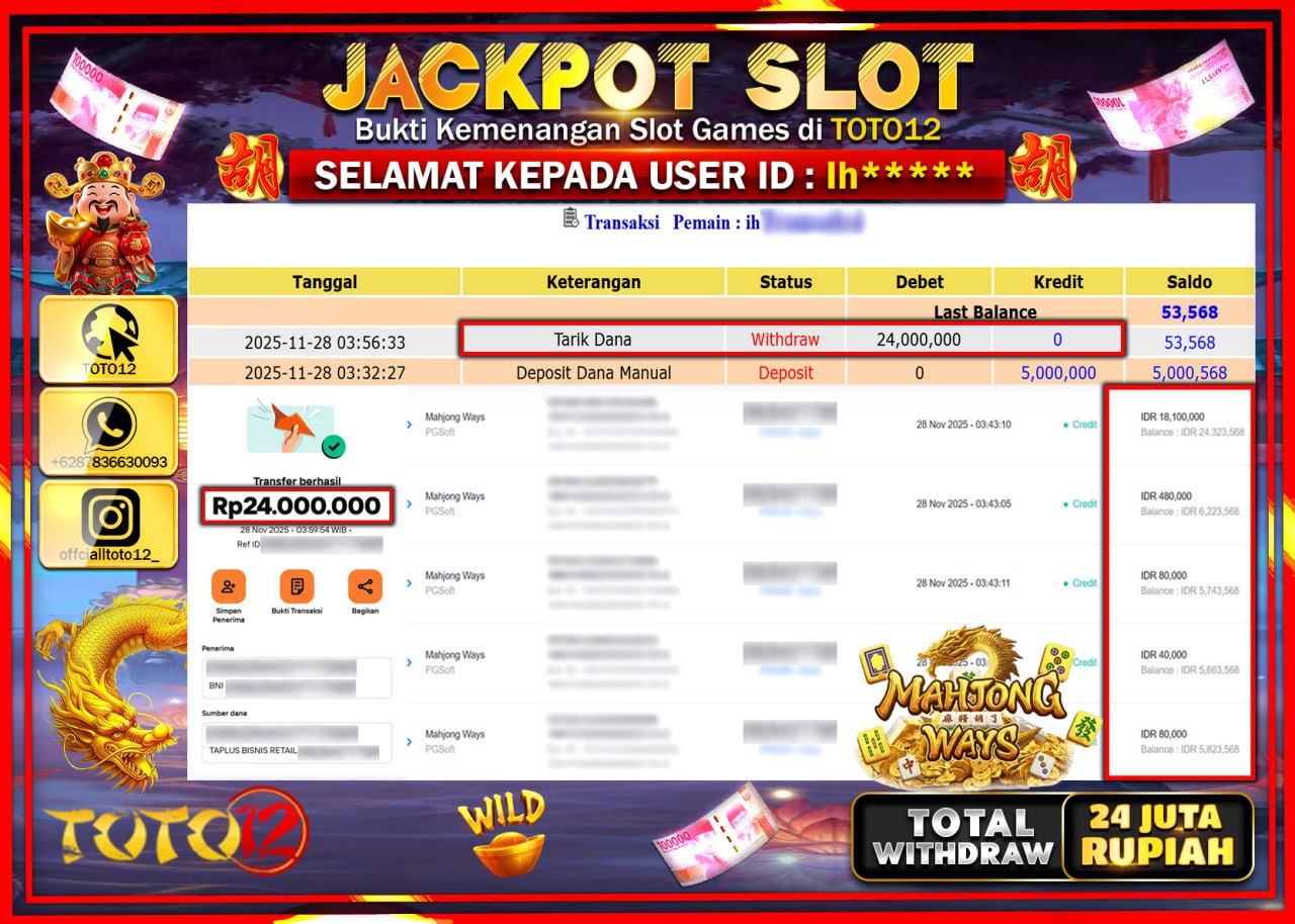 HANYA DI TOTO12 JP PASTI DI BAYAR LUNAS DAN CEPAT!!!!!! JACKPOT SLOT GAME (MAHJONG WAYS) Rp.24.000.000 !!!!