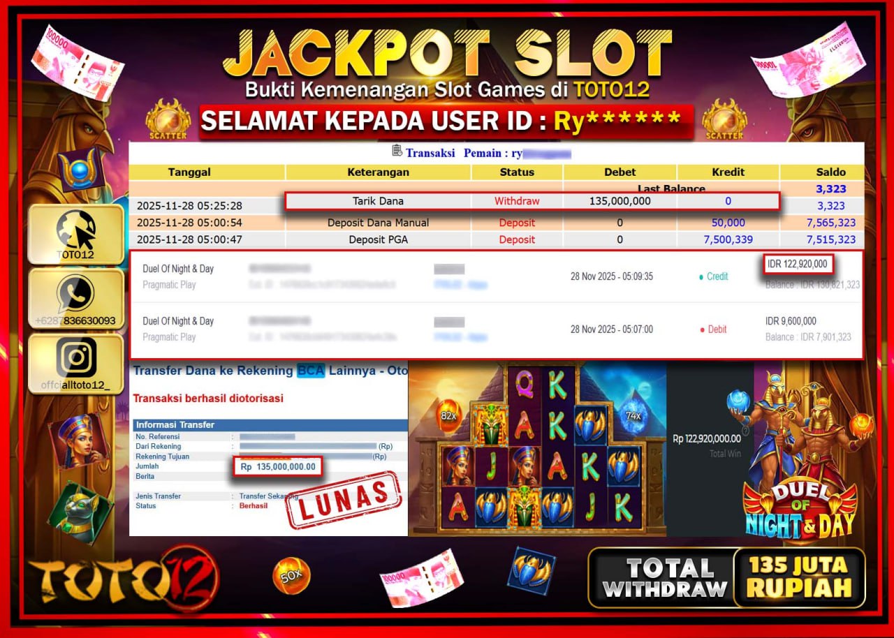 HANYA DI TOTO12 JP PASTI DI BAYAR LUNAS DAN CEPAT!!!!!! JACKPOT SLOT GAME (DUEL OF NIGHT & DAY) Rp.135.000.000 !!!!