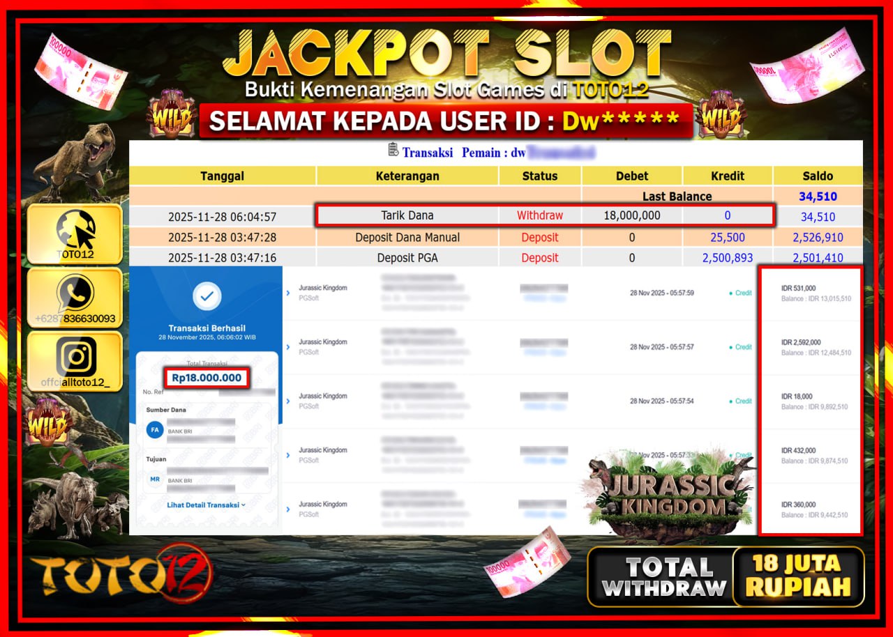 HANYA DI TOTO12 JP PASTI DI BAYAR LUNAS DAN CEPAT!!!!!! JACKPOT SLOT GAME (JURASSIC KINGDOM) Rp.18.000.000 !!!!