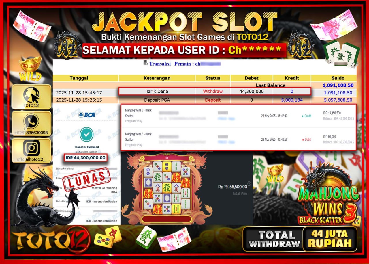HANYA DI TOTO12 JP PASTI DI BAYAR LUNAS DAN CEPAT!!!!!! JACKPOT SLOT GAME (MAHJONG WINS 3 BLACK SCATTER) Rp.44.300.000 !!!!