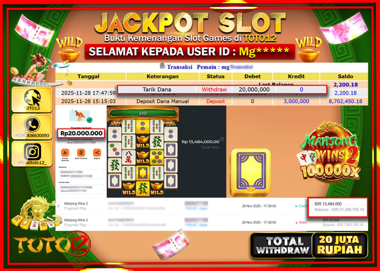 HANYA DI TOTO12 JP PASTI DI BAYAR LUNAS DAN CEPAT!!!!!! JACKPOT SLOT GAME (MAHJONG WINS 2) Rp.20.000.000 !!!!