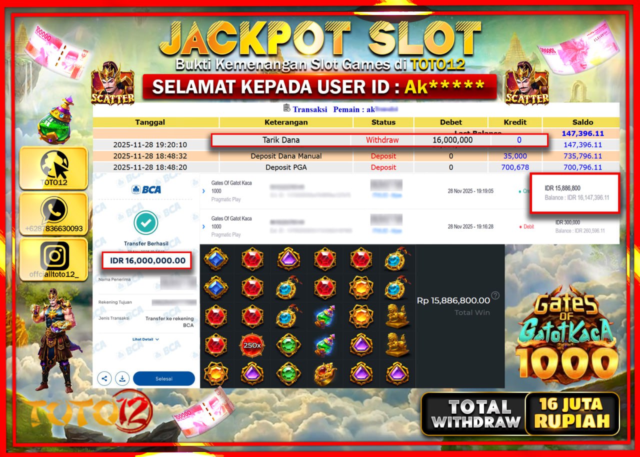 HANYA DI TOTO12 JP PASTI DI BAYAR LUNAS DAN CEPAT!!!!!! JACKPOT SLOT GAME (GATES OF GATOT KACA 1000) Rp.16.000.000 !!!!