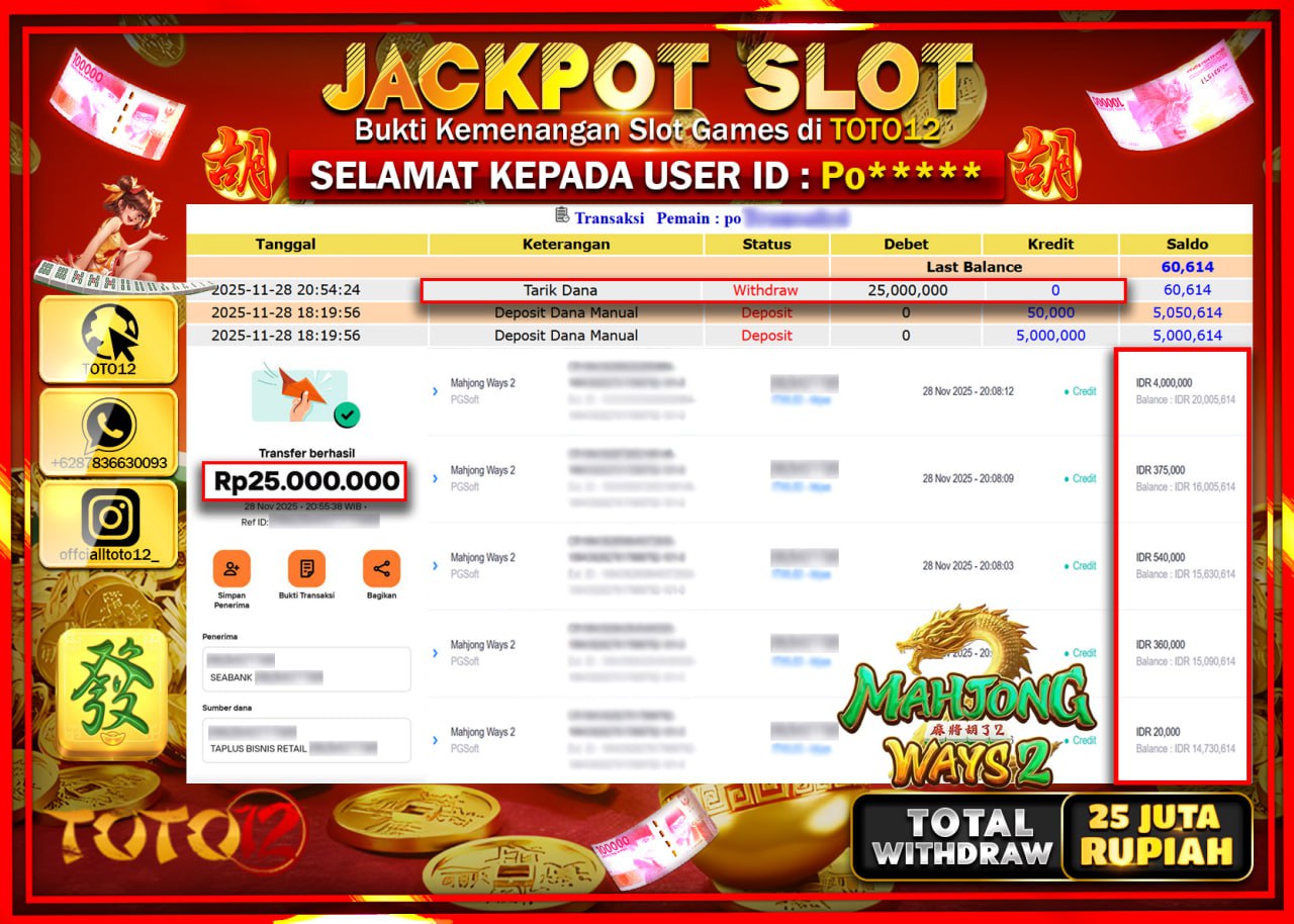 HANYA DI TOTO12 JP PASTI DI BAYAR LUNAS DAN CEPAT!!!!!! JACKPOT SLOT GAME (MAHJONG WAYS 2) Rp.25.000.000 !!!!