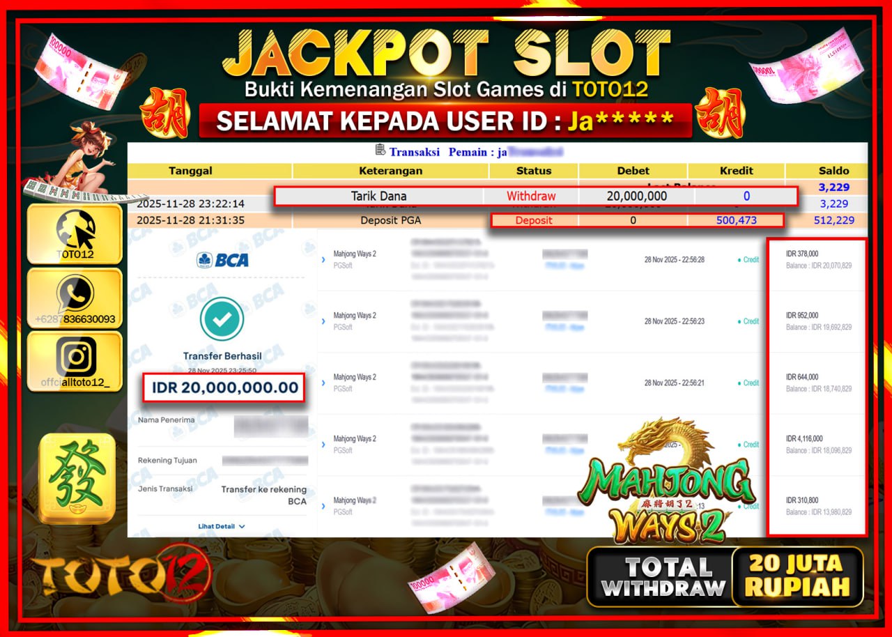 HANYA DI TOTO12 JP PASTI DI BAYAR LUNAS DAN CEPAT!!!!!! JACKPOT SLOT GAME (MAHJONG WAYS 2) Rp.20.000.000 !!!!