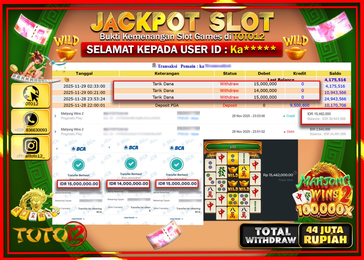 HANYA DI TOTO12 JP PASTI DI BAYAR LUNAS DAN CEPAT!!!!!! JACKPOT SLOT GAME (MAHJONG WINS 2) Rp.44.000.000 !!!!