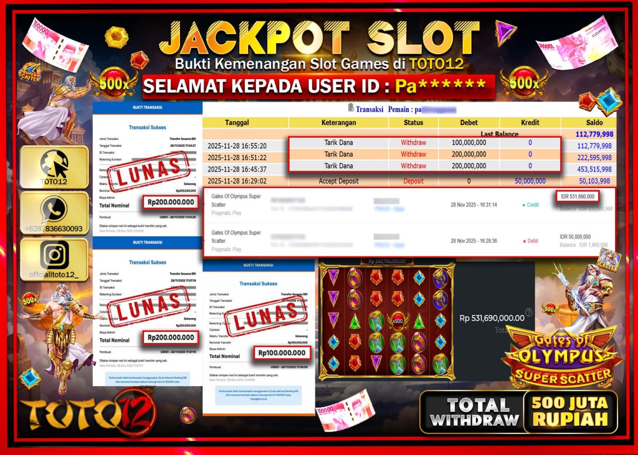 HANYA DI TOTO12 JP PASTI DI BAYAR LUNAS DAN CEPAT!!!!!! JACKPOT SLOT GAME (GATES OF OLYMPUS SUPER SCATTER) Rp.500.000.000 !!!!