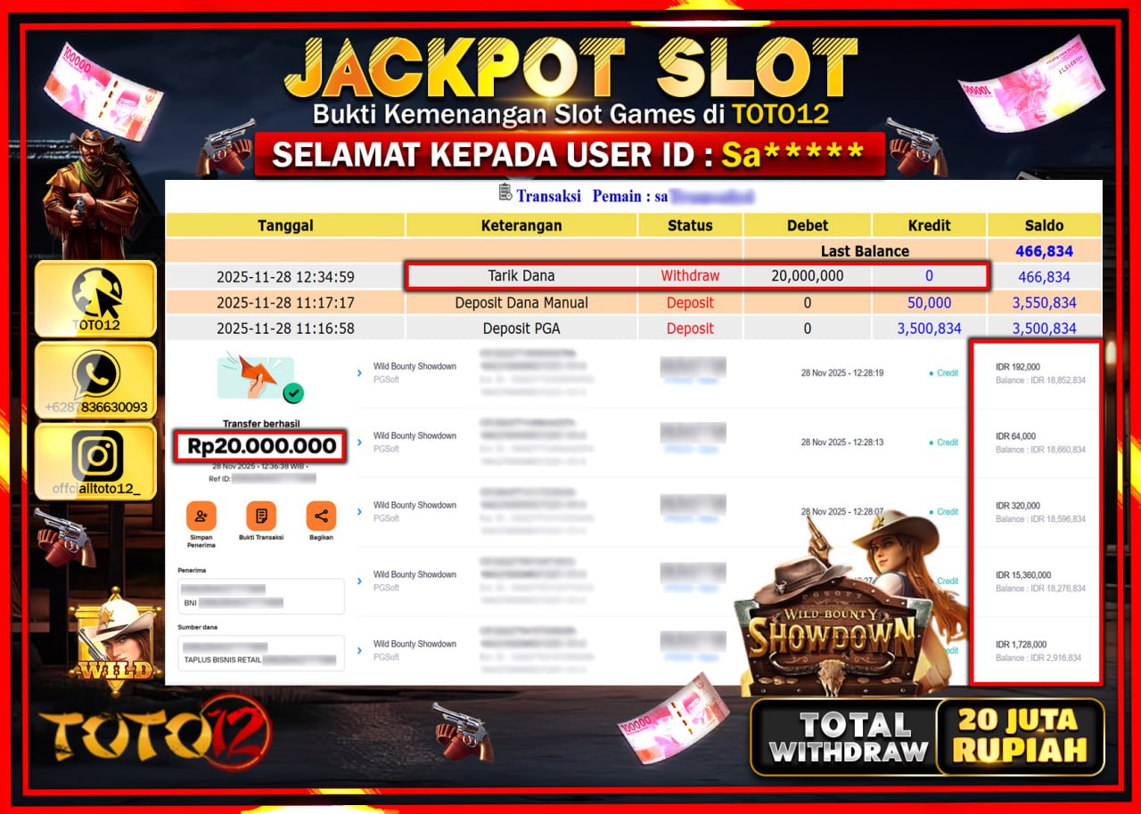 HANYA DI TOTO12 JP PASTI DI BAYAR LUNAS DAN CEPAT!!!!!! JACKPOT SLOT GAME (WILD BOUNTY SHOWDOWN) Rp.20.000.000 !!!!