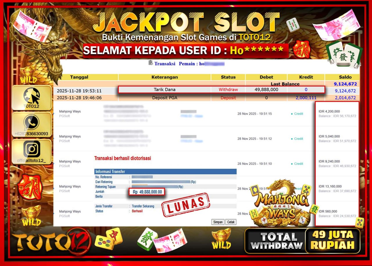 HANYA DI TOTO12 JP PASTI DI BAYAR LUNAS DAN CEPAT!!!!!! JACKPOT SLOT GAME (MAHJONG WAYS) Rp.49.888.000 !!!!