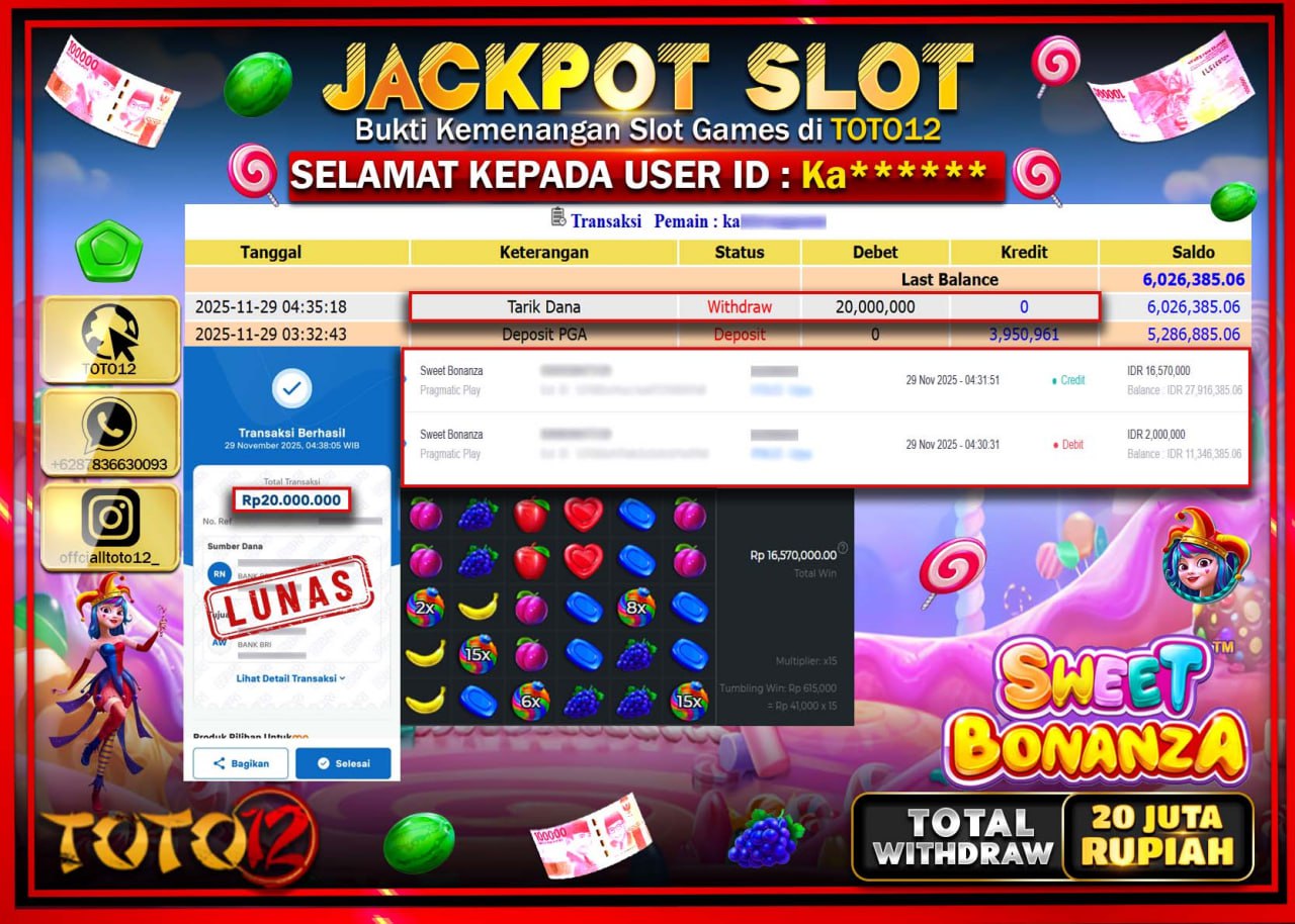 HANYA DI TOTO12 JP PASTI DI BAYAR LUNAS DAN CEPAT!!!!!! JACKPOT SLOT GAME (SWEET BONANZA) Rp.20.000.000 !!!!