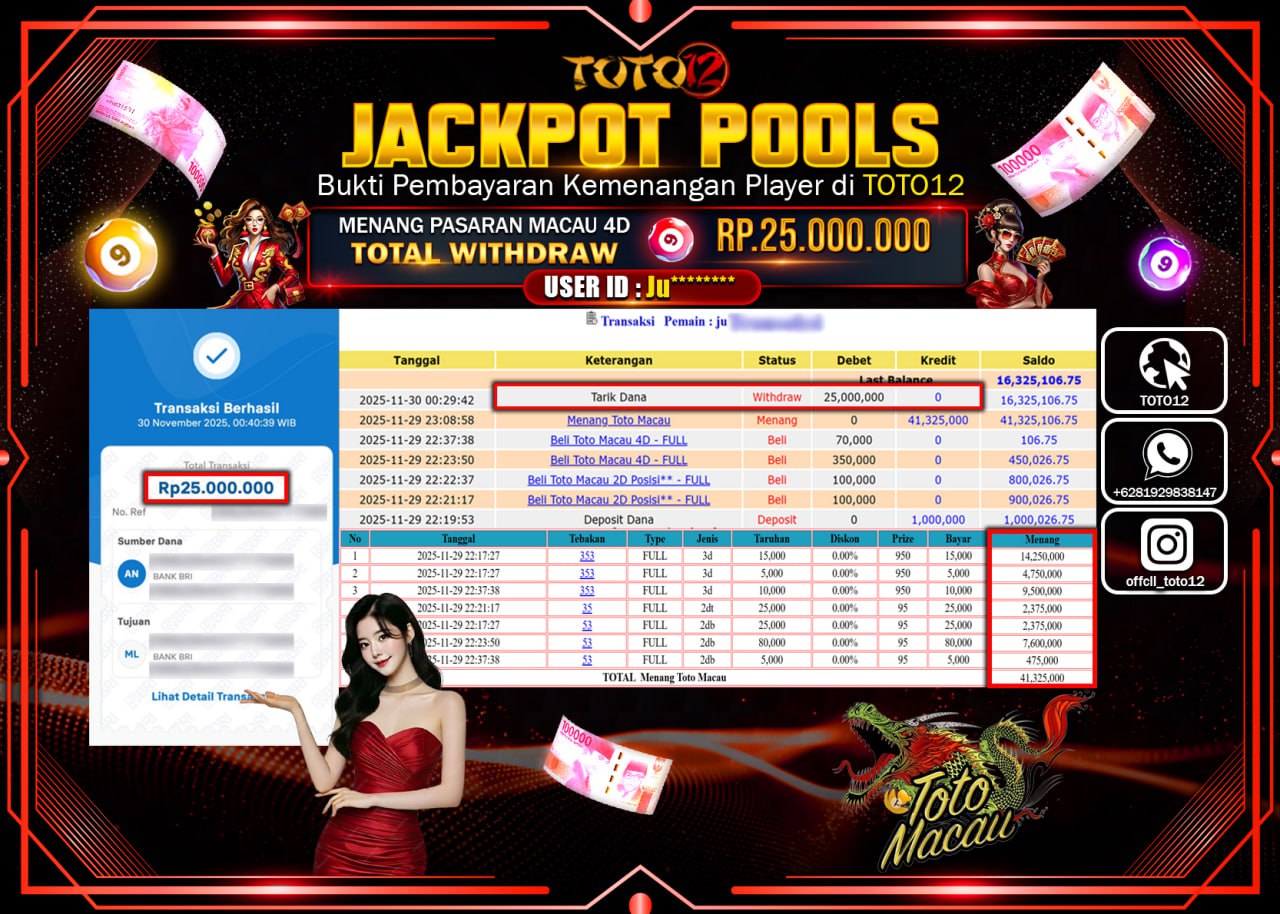 HANYA DI TOTO12 JP PASTI DI BAYAR LUNAS DAN CEPAT!!!!!! JACKPOT POOLS PASARAN (MACAU 4D) Rp.25.000.000 !!!!