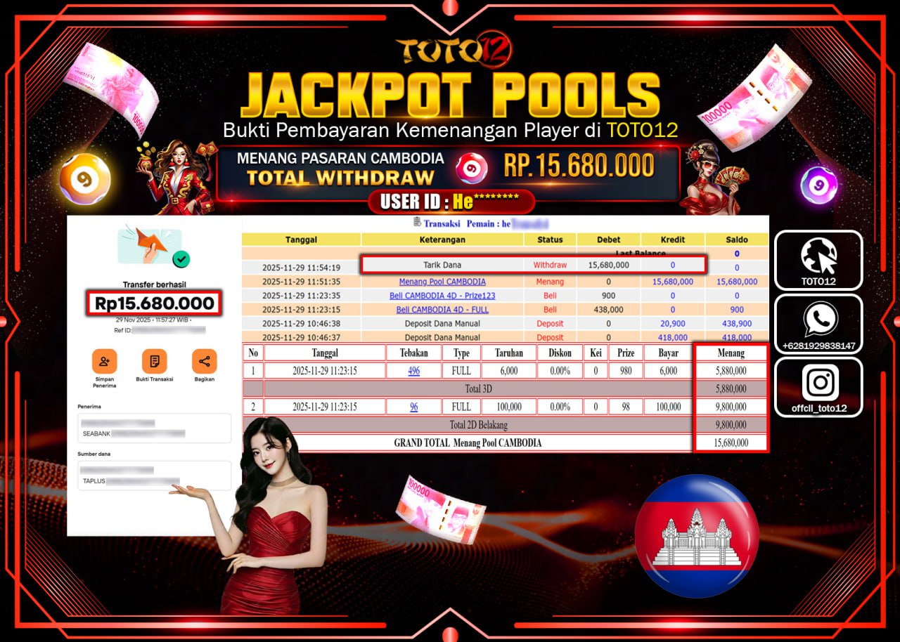 HANYA DI TOTO12 JP PASTI DI BAYAR LUNAS DAN CEPAT!!!!!! JACKPOT POOLS PASARAN (CAMBODIA) Rp.15.680.000 !!!!