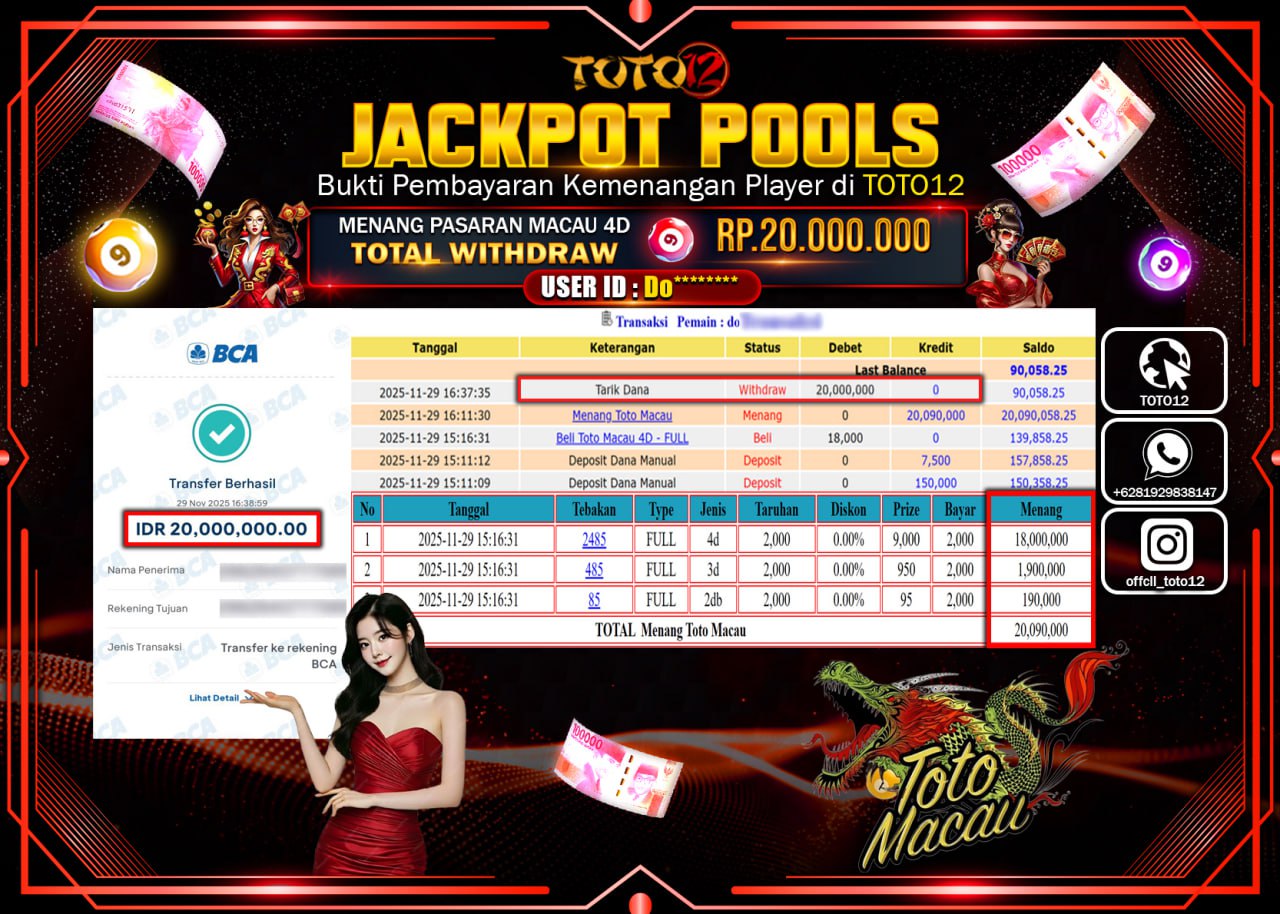 HANYA DI TOTO12 JP PASTI DI BAYAR LUNAS DAN CEPAT!!!!!! JACKPOT POOLS PASARAN (MACAU 4D) Rp.20.000.000 !!!!