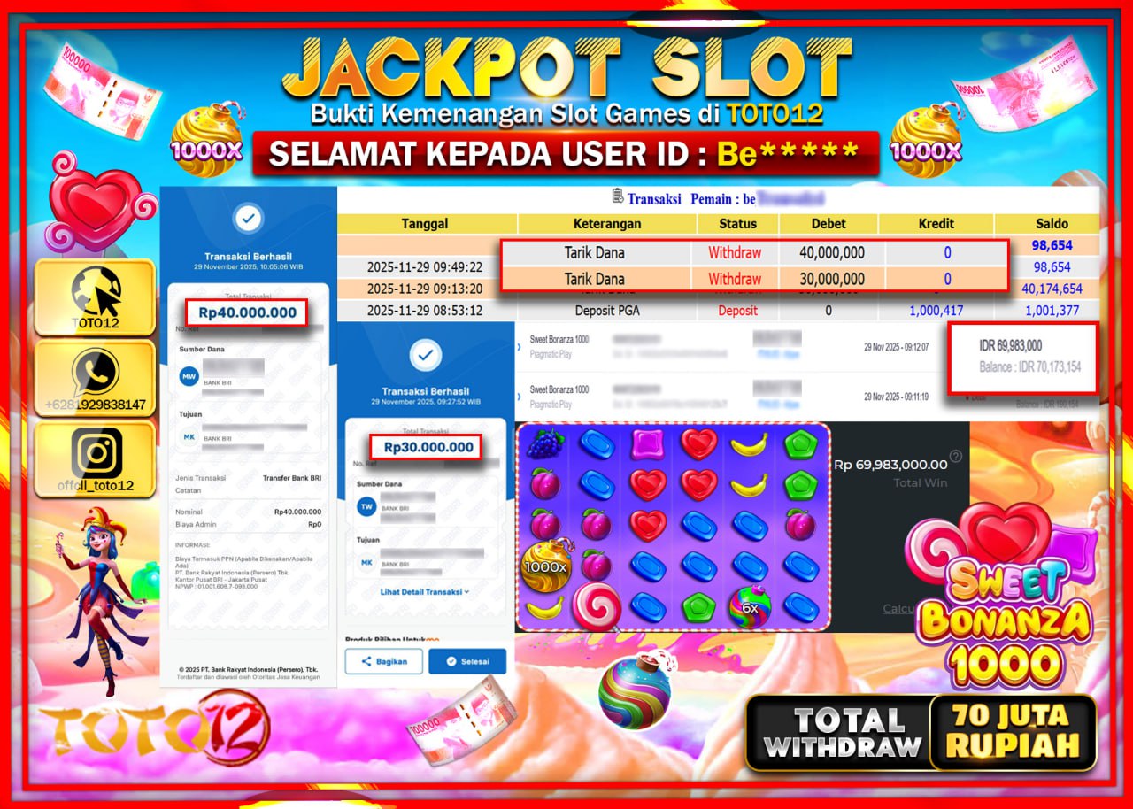 HANYA DI TOTO12 JP PASTI DI BAYAR LUNAS DAN CEPAT!!!!!! JACKPOT SLOT GAME (SWEET BONANZA 1000) Rp.70.000.000 !!!!