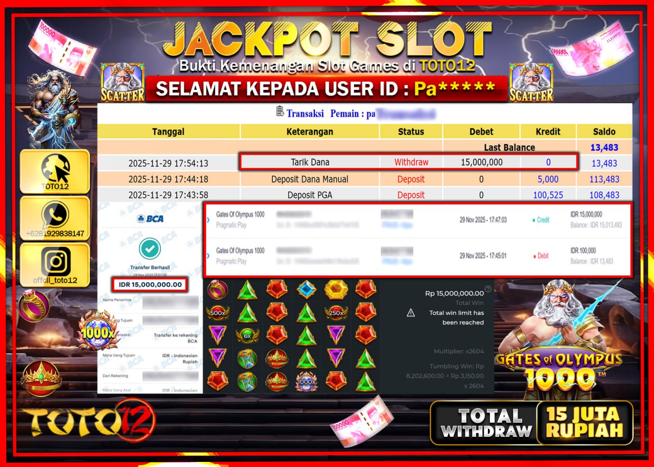 HANYA DI TOTO12 JP PASTI DI BAYAR LUNAS DAN CEPAT!!!!!! JACKPOT SLOT GAME (GATES OF OLYMPUS 1000) Rp.15.000.000 !!!!