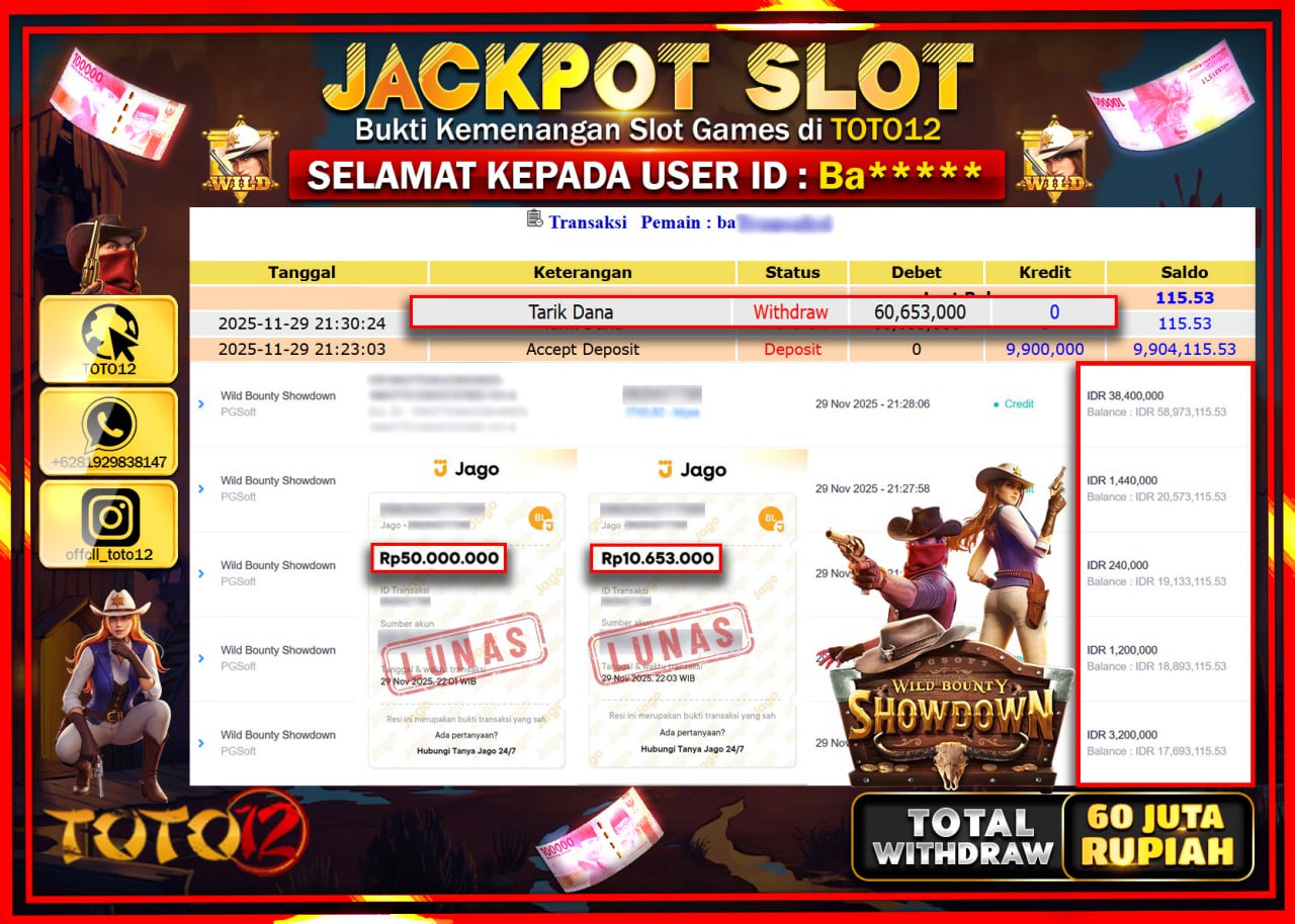 HANYA DI TOTO12 JP PASTI DI BAYAR LUNAS DAN CEPAT!!!!!! JACKPOT SLOT GAME (WILD BOUNTY SHOWDOWN) Rp.60.653.000 !!!!
