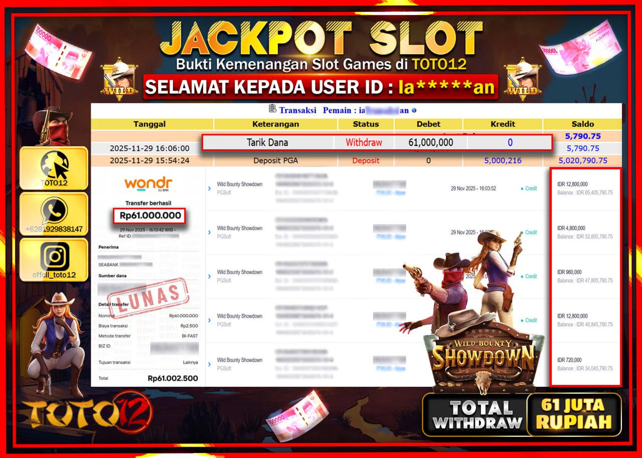 HANYA DI TOTO12 JP PASTI DI BAYAR LUNAS DAN CEPAT!!!!!! JACKPOT SLOT GAME (WILD BOUNTY SHOWDOWN) Rp.61.000.000 !!!!