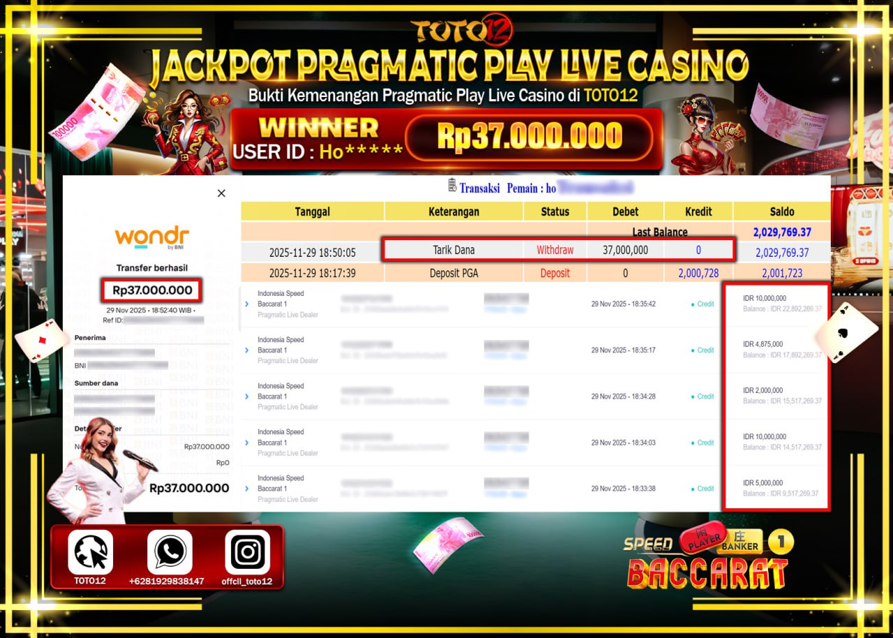 HANYA DI TOTO12 JP PASTI DI BAYAR LUNAS DAN CEPAT!!!!!! JACKPOT PRAGMATIC PLAY LIVE CASINO (INDONESIA SPEED BACCARAT 1) Rp.37.000.000 !!!!