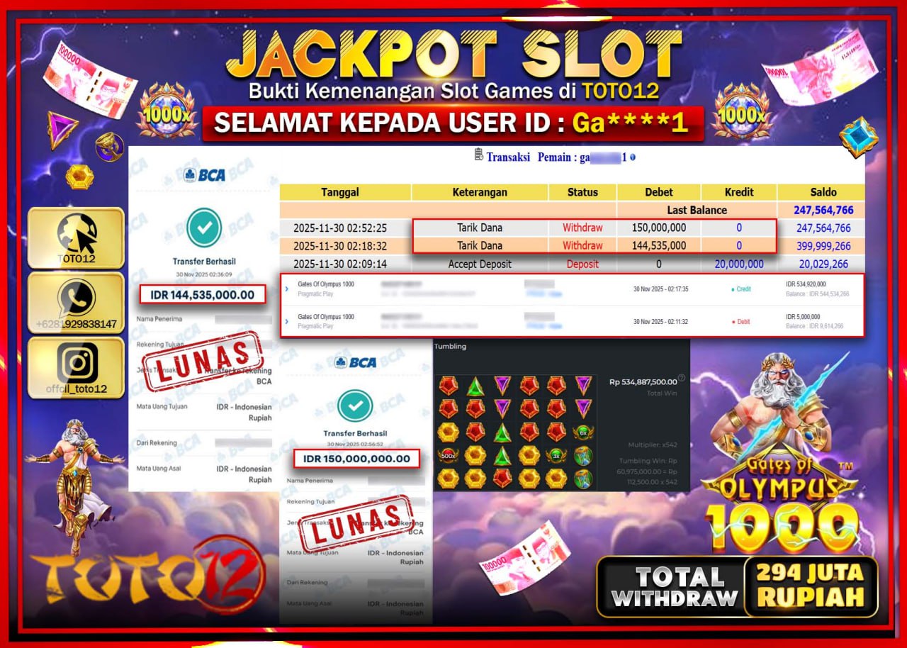 HANYA DI TOTO12 JP PASTI DI BAYAR LUNAS DAN CEPAT!!!!!! JACKPOT SLOT GAME (GATES OF OLYMPUS 1000) Rp.294.535.000 !!!!