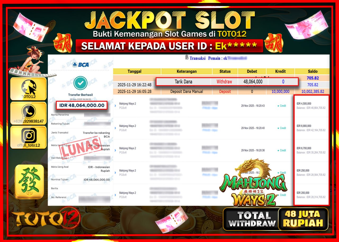 HANYA DI TOTO12 JP PASTI DI BAYAR LUNAS DAN CEPAT!!!!!! JACKPOT SLOT GAME (MAHJONG WAYS 2) Rp.48.064.000 !!!!