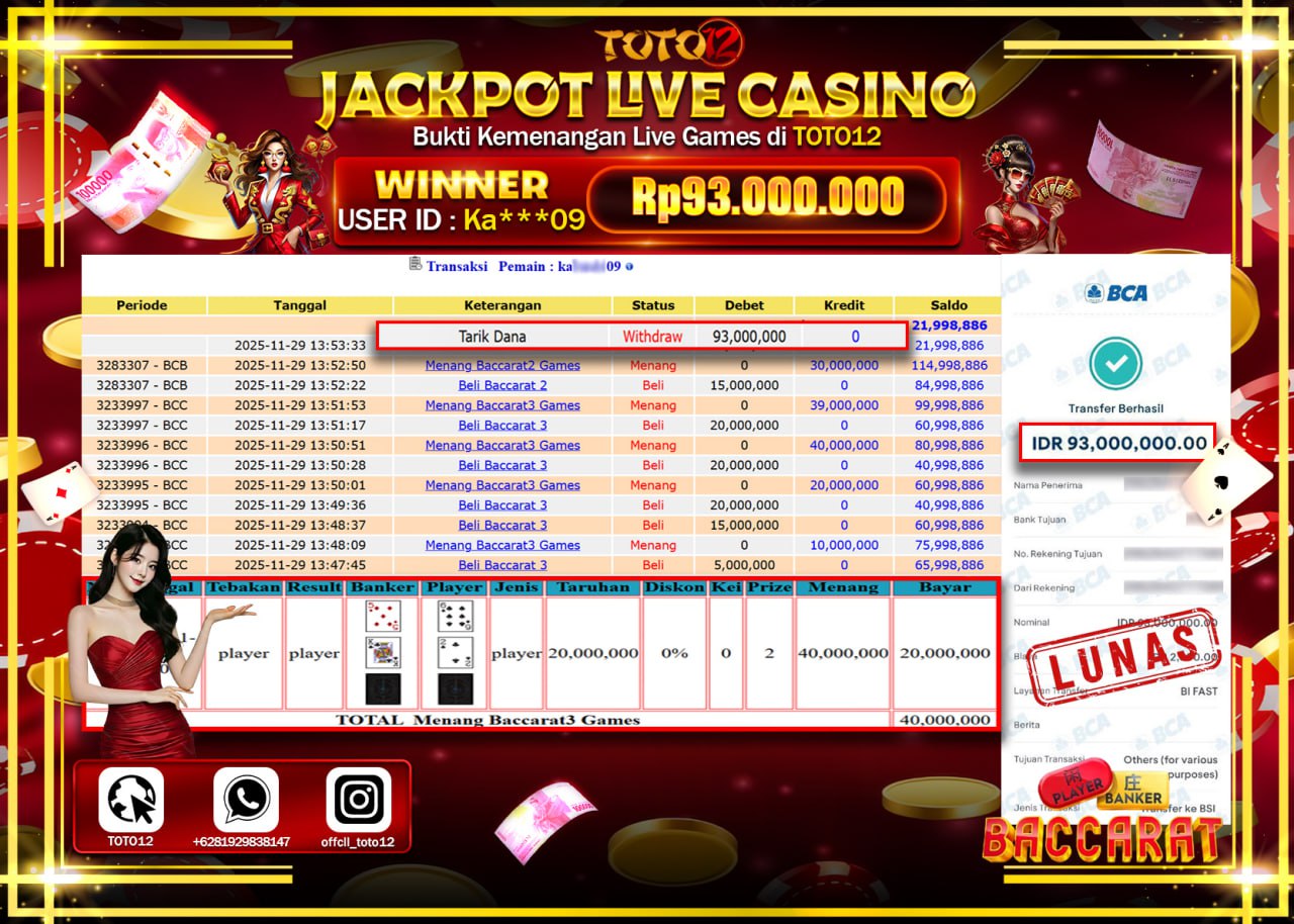 HANYA DI TOTO12 JP PASTI DI BAYAR LUNAS DAN CEPAT!!!!!! JACKPOT LIVE CASINO (BACCARAT) Rp.93.000.000 !!!!