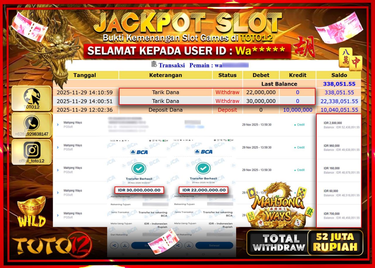 HANYA DI TOTO12 JP PASTI DI BAYAR LUNAS DAN CEPAT!!!!!! JACKPOT SLOT GAME (MAHJONG WAYS) Rp.52.000.000 !!!!