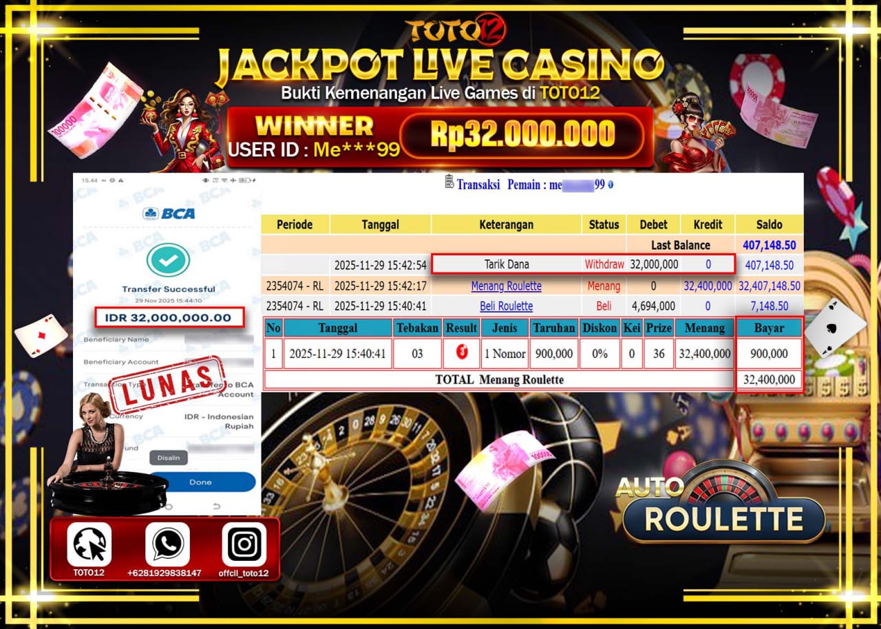 HANYA DI TOTO12 JP PASTI DI BAYAR LUNAS DAN CEPAT!!!!!! JACKPOT LIVE CASINO (ROULETTE) Rp.32.000.000 !!!!