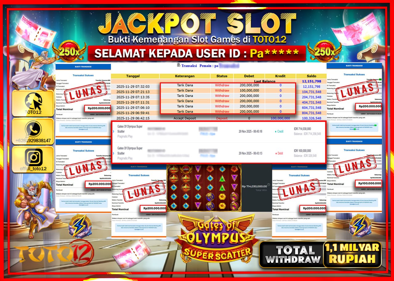 HANYA DI TOTO12 JP PASTI DI BAYAR LUNAS DAN CEPAT!!!!!! JACKPOT SLOT GAME (GATES OF OLYMPUS SUPER SCATTER) Rp.1.100.000.000 !!!!