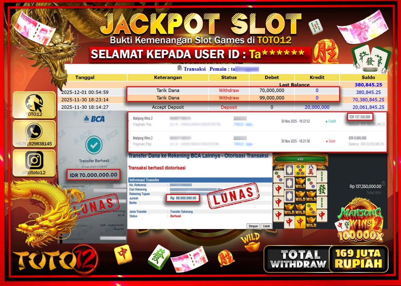 HANYA DI TOTO12 JP PASTI DI BAYAR LUNAS DAN CEPAT!!!!!! JACKPOT SLOT GAME (MAHJONG WINS 2) Rp.169.000.000 !!!!