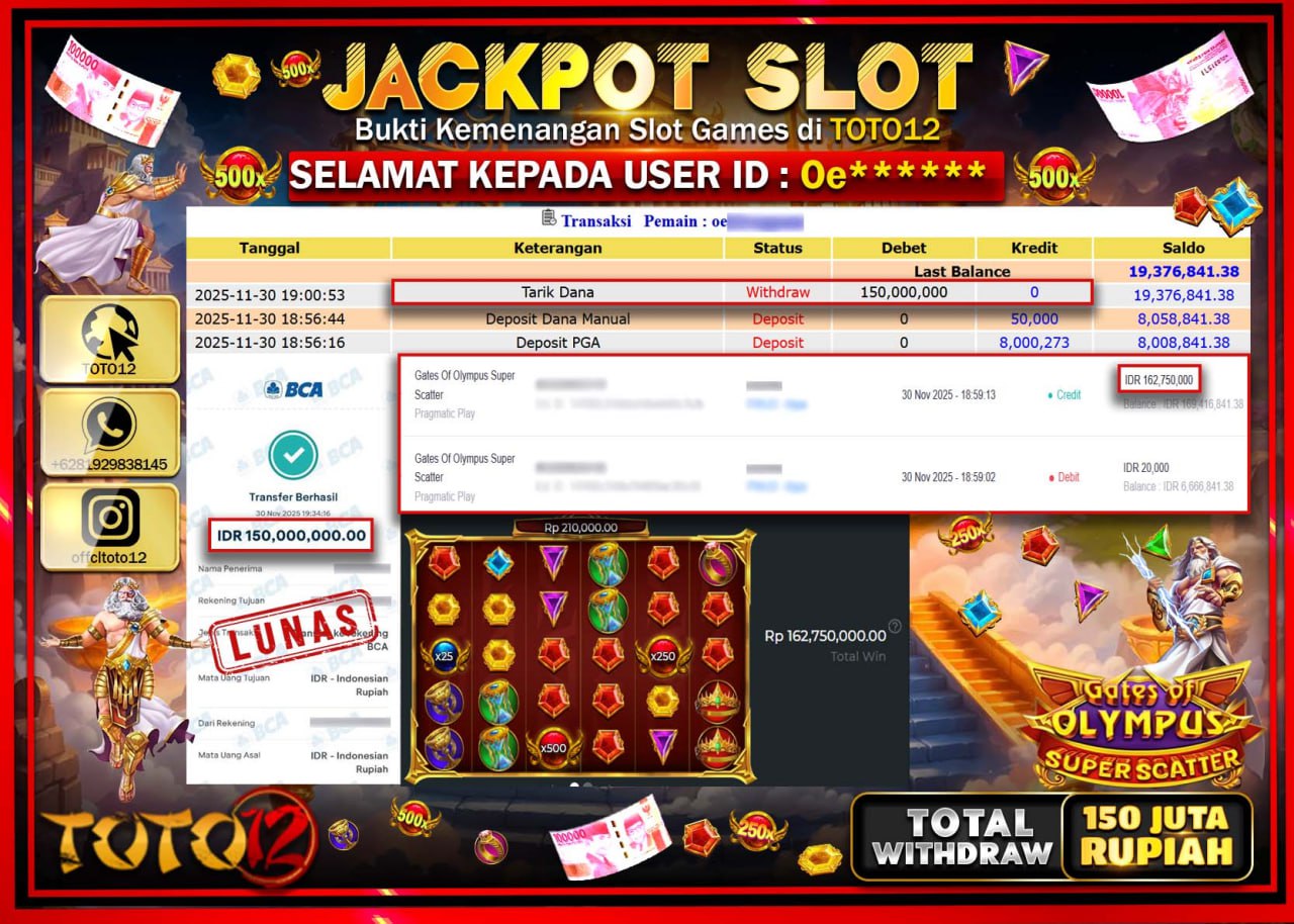 HANYA DI TOTO12 JP PASTI DI BAYAR LUNAS DAN CEPAT!!!!!! JACKPOT SLOT GAME (GATES OF OLYMPUS SUPER SCATTER) Rp.150.000.000 !!!!