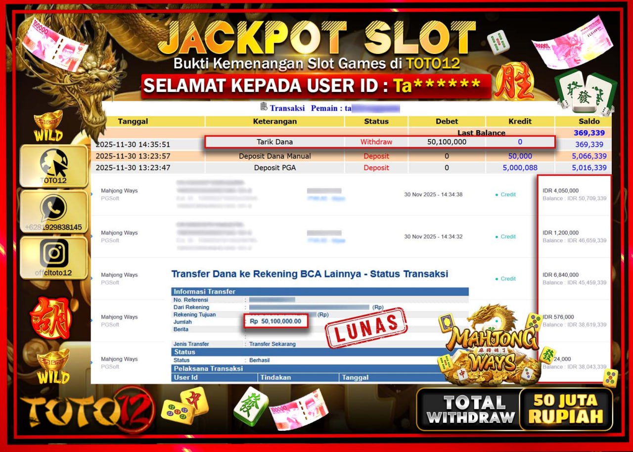 HANYA DI TOTO12 JP PASTI DI BAYAR LUNAS DAN CEPAT!!!!!! JACKPOT SLOT GAME (MAHJONG WAYS) Rp.50.100.000 !!!!